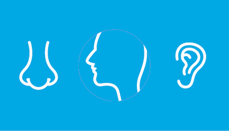 Piktogramm Weiß auf Blau; Kopf mit Betonung Hals/Rachen, Nase und Ohr; Beleg und Tagesklinik HNO; Siloah St. Trudpert Klinikum